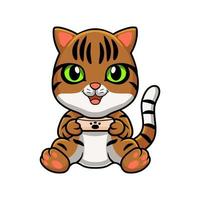 Cute bengal cat cartoon holding food bowl vector