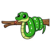 Cute green tree python cartoon on tree branch vector