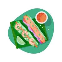 Top view of spring rolls with vegetables, sauce and shrimp vector