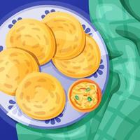 Pupusa thick griddle cake or flatbread. A dish of Latin American cuisine, top view. vector