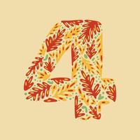 Number 4, folk floral number with leaves and branches. Hand drawn vector illustration