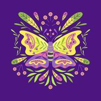 Butterfly and folk floral ornament with flowers, leaves and branches vector