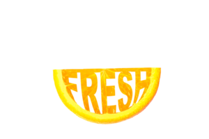 Fresh, Orangenscheibe, Orange mit kreativem Schriftzug Fresh. transparenter Hintergrund png