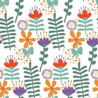 Seamless botanical pattern with hand drawn flowers, leaves, dots. Abstract floral texture. Wrapping paper vector