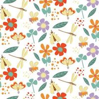patrón botánico impecable con flores dibujadas a mano, mariposa, mosca, libélula, puntos. textura floral abstracta. papel de regalo vector