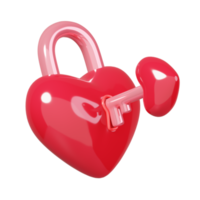 Key opens the heart shape padlock isolated. 14 February Happy Valentine's Day icon. 3D rendering png