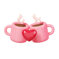 Two mugs of coffee with a heart in the middle isolated. 14 February Happy Valentine's Day icon. 3D rendering png