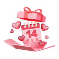 3D rendering pink open gift box with 14 feb calendar and heart shape isolated. 14 February Happy Valentine's Day icon. png