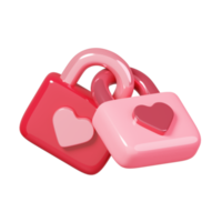 dois cadeados trancados juntos com coração isolado. 14 de fevereiro feliz ícone do dia dos namorados. renderização 3D png
