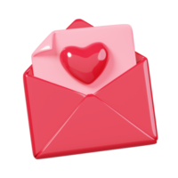 In the red envelope is a card with a heart isolated. 14 February Happy Valentine's Day icon. 3D rendering png