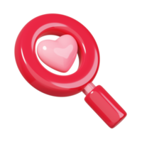 Search heart and love icon, Magnifying glass with heart inside isolated. 14 February Happy Valentine's Day icon. 3D rendering png