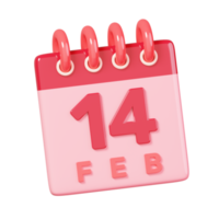 Calendar 14 February isolated. Happy Valentine's Day icon. 3D rendering png