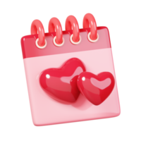 Calendar with two hearts shape isolated. 14 February Happy Valentine's Day icon. 3D rendering png