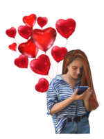 femme avec des ballons en forme de coeurs répond à un message dans un smartphone png