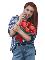 contento ragazza con un' mazzo di fiori chat su il Telefono png