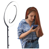 flicka bloggare gör en posta i de social nätverk på en smartphone png