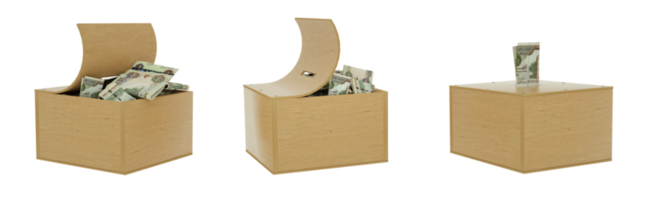 1000 United Arab Emirates dirham notes inside an open wooden savings box. set of savings concept. Generic Piggy Bank, Penny Bank, Money Box. 3d rendering png