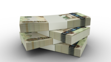 3d renderização da pilha de 1000 notas de dirham dos Emirados Árabes Unidos. alguns pacotes de moeda dos Emirados Árabes Unidos isolados em fundo transparente. emirado png