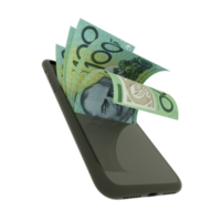 3D rendering of Australian dollar notes inside a mobile phone isolated on transparent background png