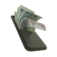 Representación 3d de notas de dirham de los emiratos árabes unidos dentro de un teléfono móvil aislado sobre fondo transparente. dírham emiratí png