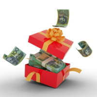 australische Dollarscheine in einer offenen roten Geschenkbox. australische Dollar drinnen und um eine Geschenkbox herumfliegen. 3D-Rendering von Geld innerhalb der Box isoliert auf transparentem Hintergrund png