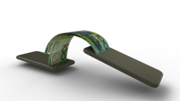 renderização 3D de notas de dólar australiano transferindo de um telefone para outro. conceito de transação de dinheiro móvel png