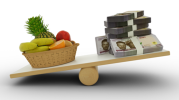 inflação na nigéria, pesando moeda nigeriana contra alimentos, alto custo de vida, renderização em 3d png