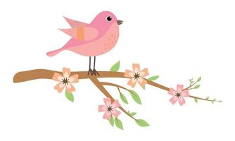 pájaro de primavera rosa de dibujos animados sentado en una rama con follaje y flores. aislado sobre fondo blanco. vector