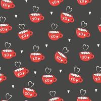 Romantic cups with hearts on dark background. Seamless pattern for Valentines day vector