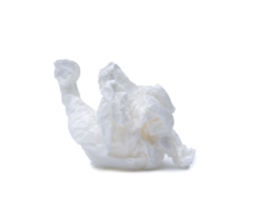 Single white screwed or crumpled tissue paper or napkin in strange shape after use in toilet or restroom isolated on white background with clipping path in png file format with shadow