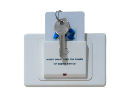 Smart card with key inserted into white socket with text reading Insert smart card for power installed on white wall in luxurious hotel or resort room isolated on white background in png file format