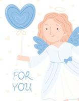 Design concept of a Valentine's day greeting card with a cute angel girl with a balloon heart and the inscription for you. Vector blue vertical illustration.