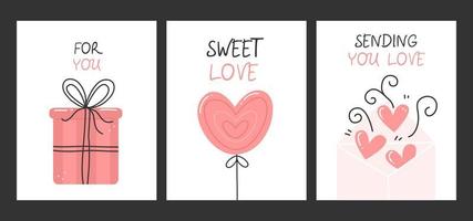 A set of three vertical cute Valentine's Day cards. Design concept of pink greeting cards with a gift, a love letter and a balloon. Vector love illustration.