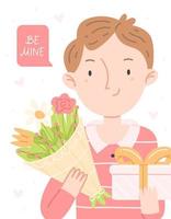 The concept of a Valentine's Day greeting card. A boy with a bouquet and a gift and lettering be mine. Cute vector illustration.