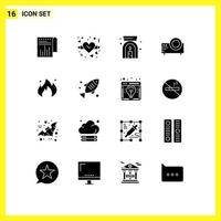 Modern Set of 16 Solid Glyphs and symbols such as construction industry lamp fire movie Editable Vector Design Elements