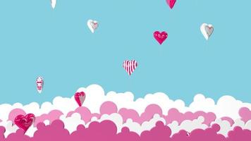 fundo dos namorados. balões vermelhos e brancos com eu te amo mensagem em forma de coração voando para cima, saindo das nuvens brancas e rosa contra um céu azul claro. seqüência de loop. animação 3d video