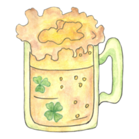 Watercolor st patrick's day beer glass and mug with clover leaves png