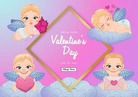 fondo de venta de día de san valentín con cupidos lindos actividad diferente en vector de cielo pastel