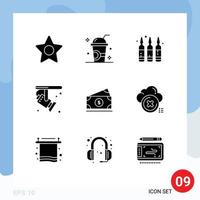 Pack of 9 Modern Solid Glyphs Signs and Symbols for Web Print Media such as money spotlight ampule light bright Editable Vector Design Elements