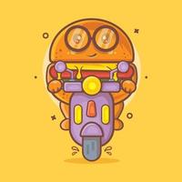 hamburguesa fresca personaje de comida mascota montando scooter motocicleta dibujos animados aislados en diseño de estilo plano vector