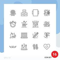 Outline Pack of 16 Universal Symbols of timer clock layout alarm global Editable Vector Design Elements