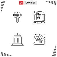 Mobile Interface Line Set of 4 Pictograms of setting buildings screw monitor landmarks Editable Vector Design Elements
