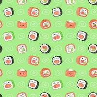 Seamless pattern with various kawaii sushi. Green background vector