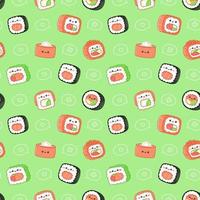 Seamless pattern with various kawaii sushi. Green background vector