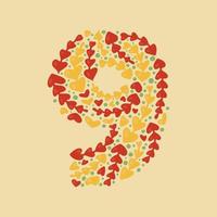 Number 9, folk floral number with leaves, hand drawn illustration vector