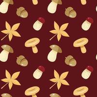 Autumn seamless pattern with mushrooms, acorn and yellow leaves vector