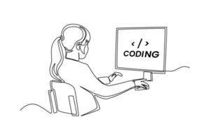 los programadores o desarrolladores de dibujo de una sola línea crean código de lenguaje de programación frente a la computadora. concepto de código de programación. ilustración de vector gráfico de diseño de dibujo de línea continua.