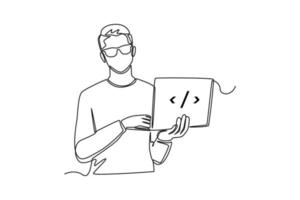 hombre de dibujo de una sola línea que lleva una computadora portátil para codificar. concepto de código de programación. ilustración de vector gráfico de diseño de dibujo de línea continua.