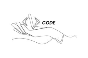 Single one line drawing hand holding programming code. Programming code concept. Continuous line draw design graphic vector illustration.