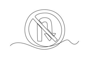 Continuous one line drawing A No U-turn road sign. Traffic signs Concept. Single line draw design vector graphic illustration.